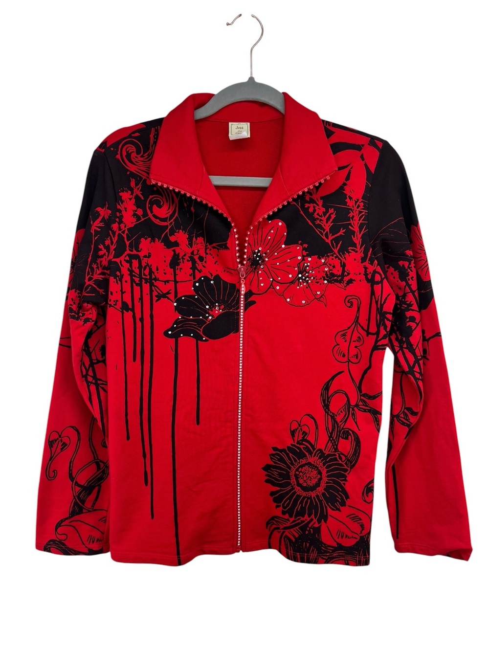 Jess & Jane Canon Flower Red Black Full Zip Jeweled Jacket Womens Medium